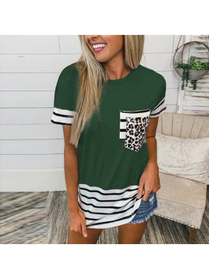 Womens Leopard T-Shirt Blouse Pullover Summer Tops Short Sleeves Round Neck Tee