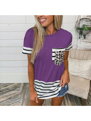 Womens Leopard T-Shirt Blouse Pullover Summer Tops Short Sleeves Round Neck Tee
