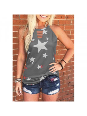 Womens Round Neck Star Printed Top Blouse Sleeveless Hollow Vest Summer T Shirt