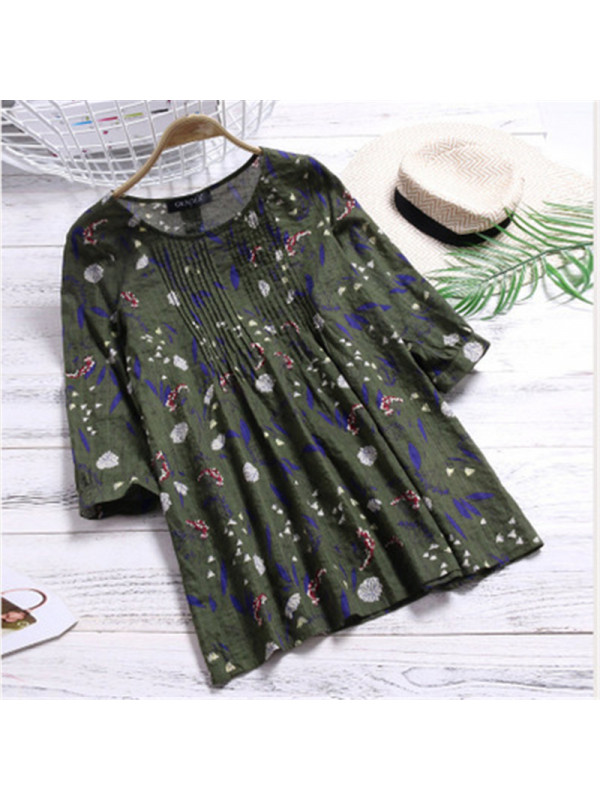Womens Flower Summer Tee Blouse Tops Ladies Round Neck Loose T Shirt Pullover 