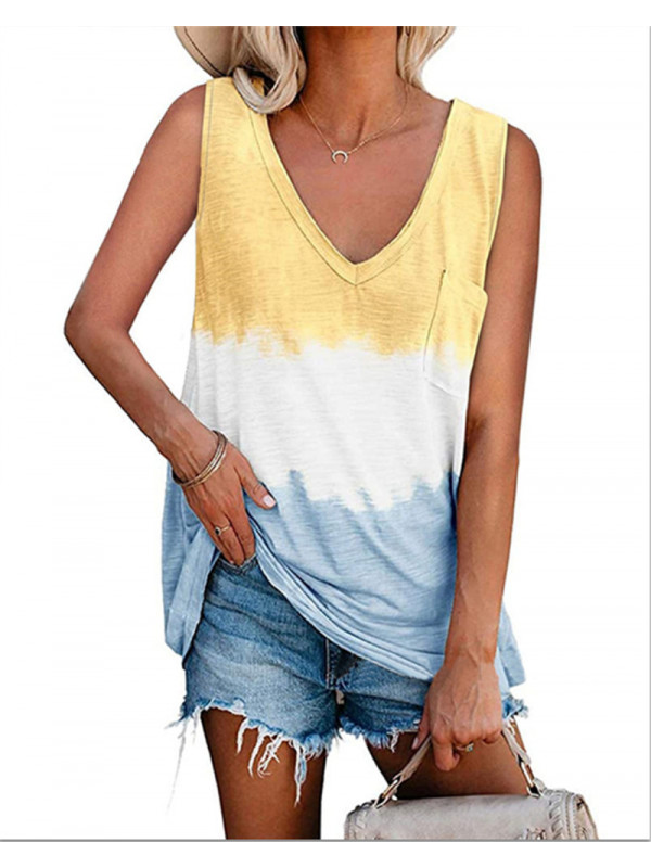 Womens V Neck Vest  Tops Sleeveless Tank Summer Casual Beach T-Shirt Tee Tie Dye