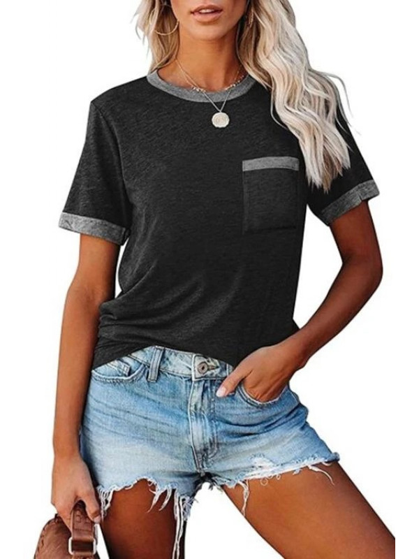 Womens Round Neck Short Sleeve T-Shirt Ladies Summer Tee Pocket Blouse Tops