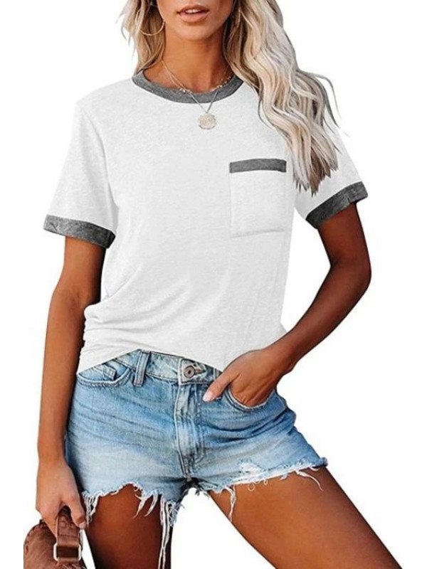 Womens Round Neck Short Sleeve T-Shirt Ladies Summer Tee Pocket Blouse Tops