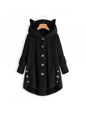 Womens Button Teddy Bear Winter Hoodie Warm Outwear Plush Pocket Fleece Coat