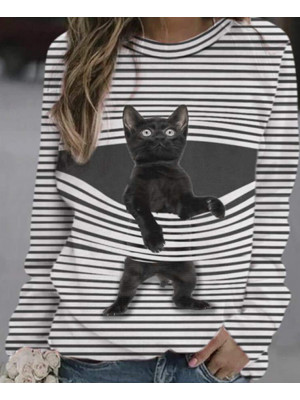 Womens Ladies Cat Stripe Pullover Casual T Shirt Loose Blouse Plus Size Tops