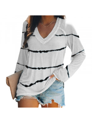 Womens V Neck Jumper Ladies T-shirt Long Sleeve Striped Casual Tops Plus Size