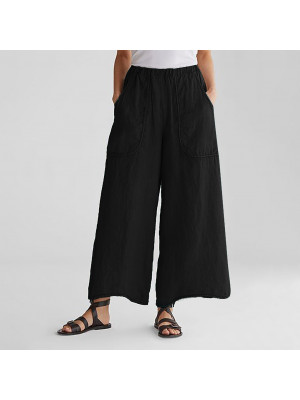 Summer Womens Cotton Linen Pants Ladies Casual Elastic Waist Wide Leg Trousers