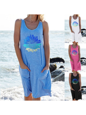 Womens Floral Sleeveless Sundress Beach Ladies Summer Baggy Causal Mini Dresses