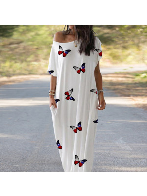 Womens Holiday Midi Dress Ladies Pocket Short Sleeve Print Summer Beach Sundress