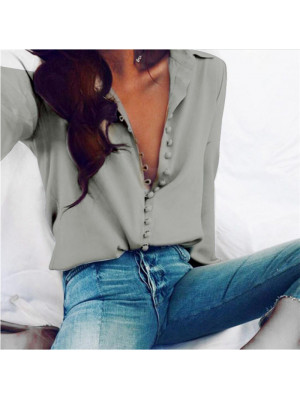 Womens Long Sleeve Buttons Plain Blouse T-Shirt V Neck Casual Ladies Tunic Tops