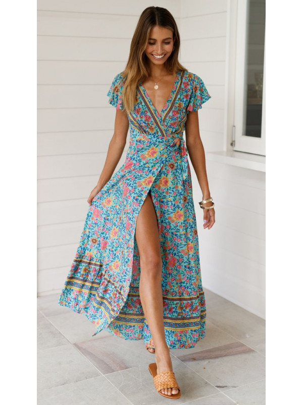 BOHO Plus Size Women V-Neck Wrap Floral Maxi Dress Ladies Summer Beach Sundress