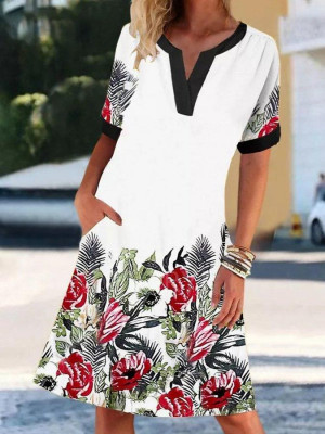 Womens Floral Short Sleeve Summer Dress Ladies Holiday Casual V Neck Sundress