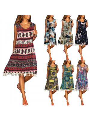 Womens Boho Holiday Midi Dress Ladies Loose Tassel Hem Sleeveless Beach Sundress