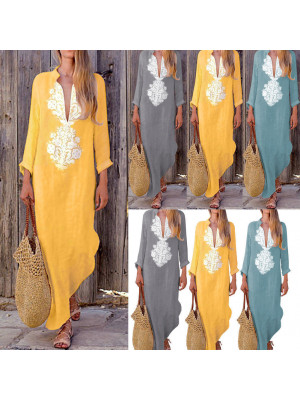 Womens Summer Floral Long Dress Ladies Boho V-Neck Beach Holiday Maxi Dress