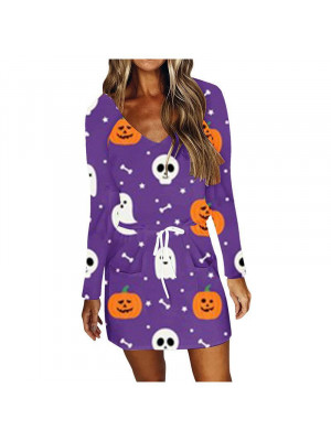 Women Halloween Swing Long Sleeve Mini Dress Print pumpkin Party V- Neck Dresses