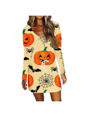 Women Halloween Swing Long Sleeve Mini Dress Print pumpkin Party V- Neck Dresses