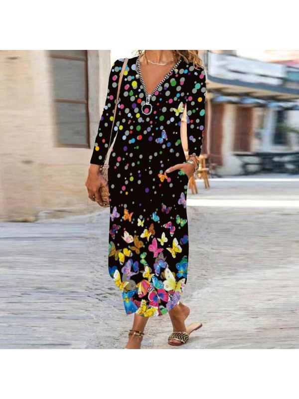 Plus Size Womens Long Sleeve Flower Zip Dress Ladies Pocket Maxi kaftan Dress