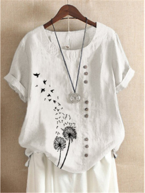 Plus Size Womens Cotton Linen Button Floral Blouse Loose Ladies Tops T-Shirts