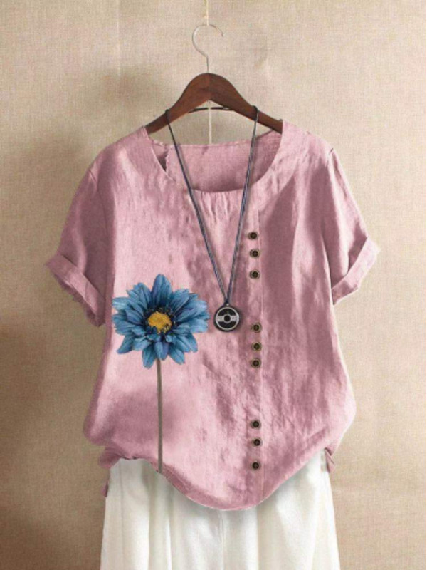 Plus Size Womens Cotton Linen Loose Floral Blouse Embroidery Tops Ladies T-Shirt