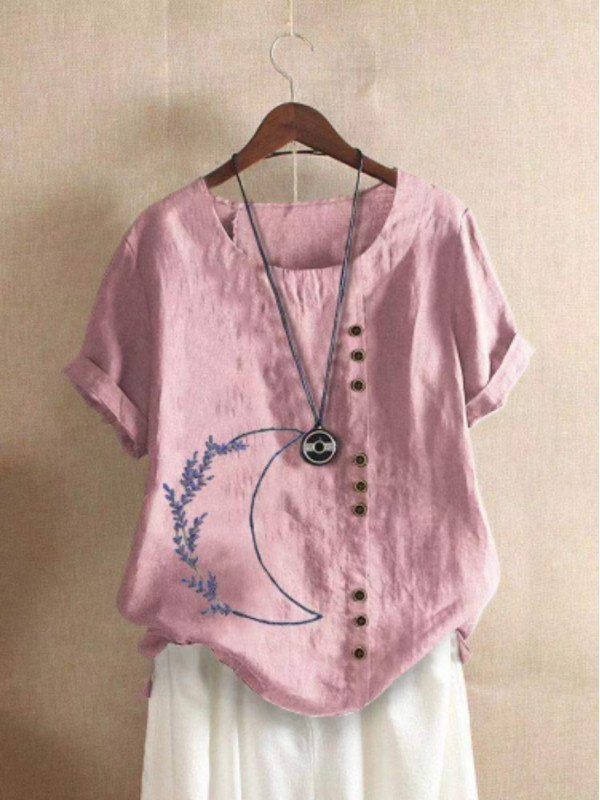 Plus Size Womens Cotton Linen Loose Floral Blouse Embroidery Tops Ladies T-Shirt