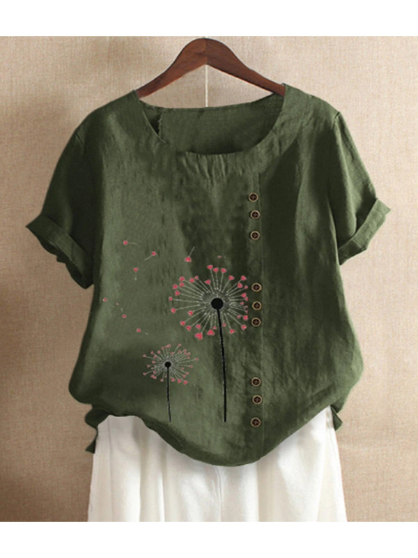 Plus Size Womens Cotton Linen Blouse Flower Loose Buttons Tops Ladies T-Shirt