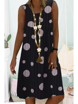 Women's Sleeveless Polka Dots Midi Dress Ladies Solid V Neck Baggy Sundress