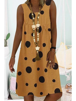 Women's Sleeveless Polka Dots Midi Dress Ladies Solid V Neck Baggy Sundress