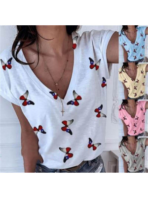 Womens V-neck Blouse Ladies Print T-Shirt Butterfly Short Sleeve Tops Casual