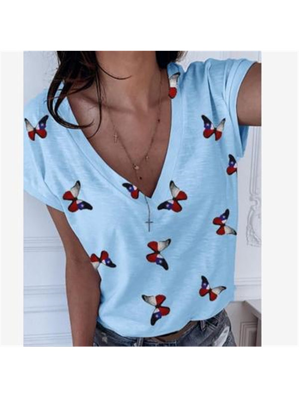 Womens V-neck Blouse Ladies Print T-Shirt Butterfly Short Sleeve Tops Casual