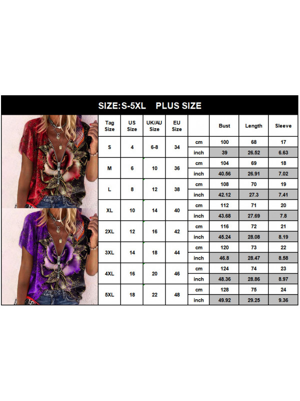 Womens Floral T Shirt Short Sleeve Ladies Zip V-Neck Tops Tee Blouse Plus Size