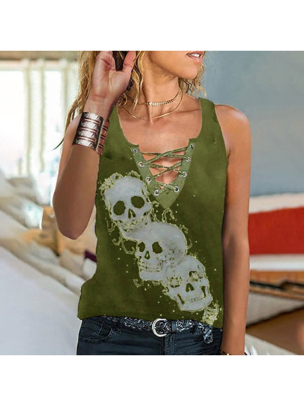 Womens Sleeveless Skull Vest Tank T Shirt Ladies V Neck Tops Blouse Plus Size