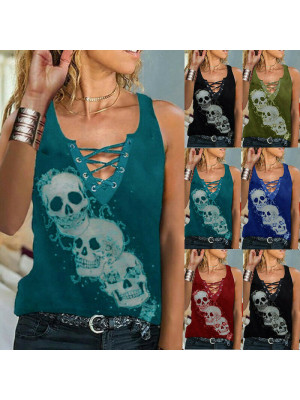 Womens Sleeveless Skull Vest Tank T Shirt Ladies V Neck Tops Blouse Plus Size
