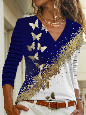 Womens Butterfly Blouse Ladies Casual T Shirt Long Sleeve V Neck Tops Baggy Tee
