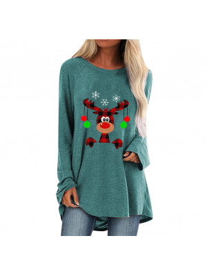 Women's Christmas Elk Long Sleeve Wine Glass Xmas Blouse T-Shirt Tops Jumpers
