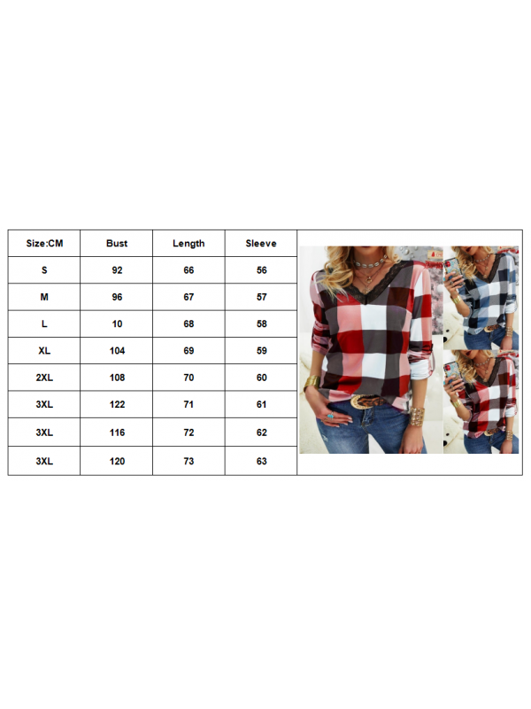 Womens Plaid Buttons V-Neck Long Sleeve T-Shirts Blouses Casual Baggy Check Tops