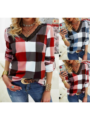 Womens Plaid Buttons V-Neck Long Sleeve T-Shirts Blouses Casual Baggy Check Tops