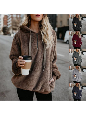 Women Hooded Pullover Jumper Fluffy Fleece Coat Winter Warm Sweater Tops