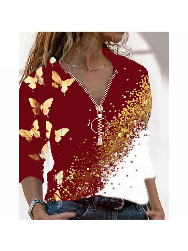 Womens Zipper Long Sleeve Butterfly Tee Pullover Blouse Ladies Shirt Loose Tops