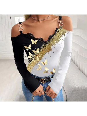 Womens Off Shoulder Blouse Tee Long Sleeve Butterfly Tops Ladies T Shirt Party