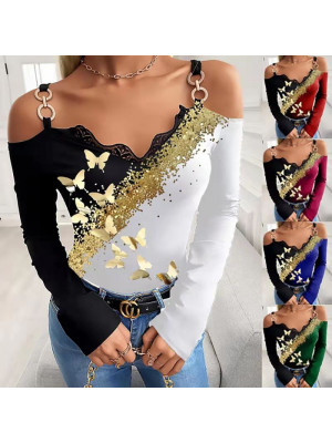 Womens Off Shoulder Blouse Tee Long Sleeve Butterfly Tops Ladies T Shirt Party