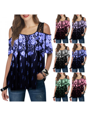 Womens Lace Summer Flower Loose Short Sleeve T Shirt Tops Ladies Lace Blouse