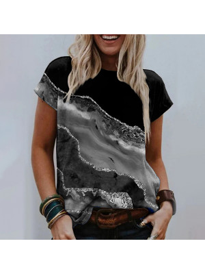 Womens Marble Tops Print Short Sleeve Summer Ladies T-shirt Casual Blouse
