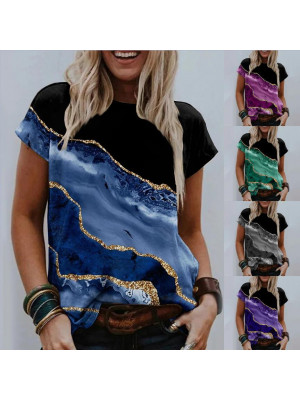 Womens Marble Tops Print Short Sleeve Summer Ladies T-shirt Casual Blouse
