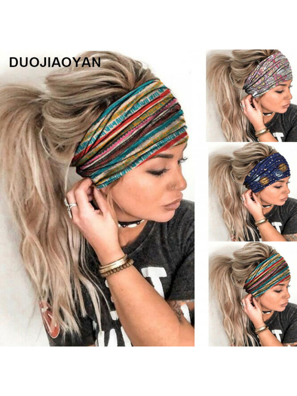 Elastic Print Headbands with Button Yoga Workout Running Turban for Men and Women Sports Head Wrap Hair Accessories 