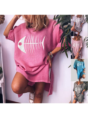 Women Baggy Pullover Fish Bone Print Dresses Boho Beach Top Blouse T-Shirt Dress