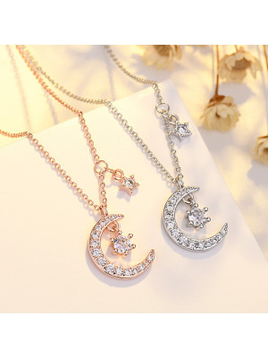 Crescent Moon Star Hanged Pendant Chain Necklace Women Jewellery Gift Rhinestone