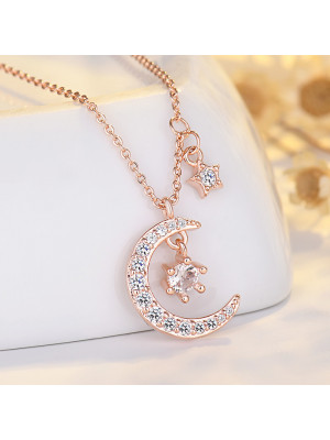 Crescent Moon Star Hanged Pendant Chain Necklace Women Jewellery Gift Rhinestone