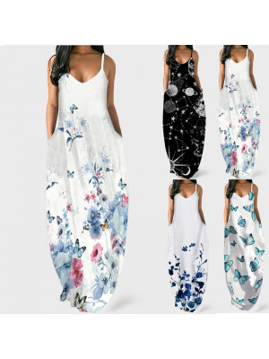 Womens Summer Maxi Dress Holiday Camisole Butterfly Print Vest Beach V Neck Tank