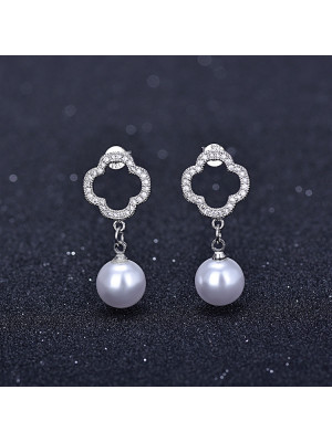 Elegant Pearl Drop Dangle Hook Earrings Four Leaf Clover Crystal Simple Style UK