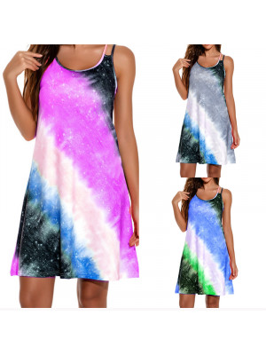 Womens Summer Rainbow Print V Neck Midi Vest Dress Sleeveless Dresses Tank UK